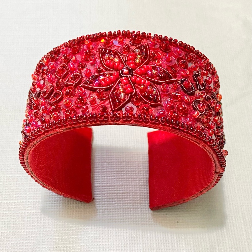 Red Beaded Floral Sequined Cuff Bracelet.